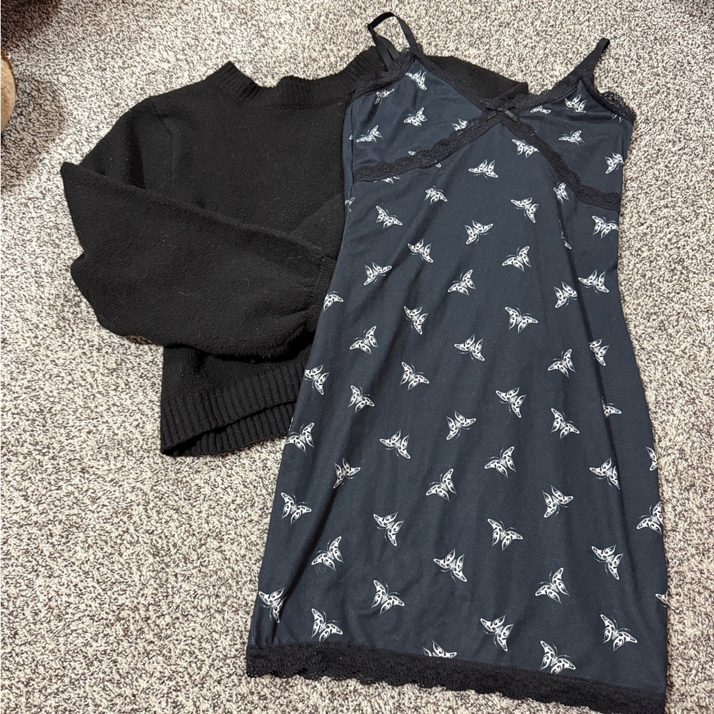 Black Butterfly Print Slip Dress and black sweater